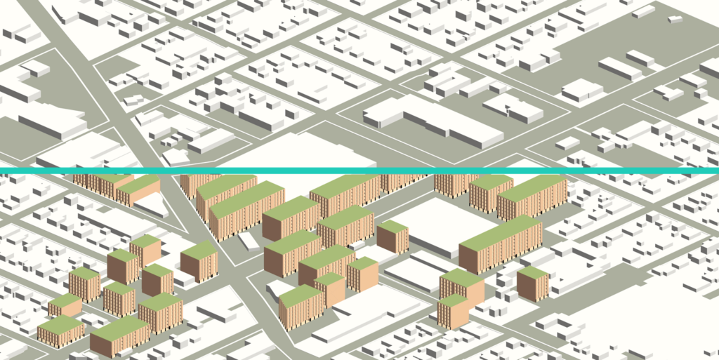 Figure 2: Development possible on existing parking lots (based on current zoning). 82nd Ave between Foster & Powell.